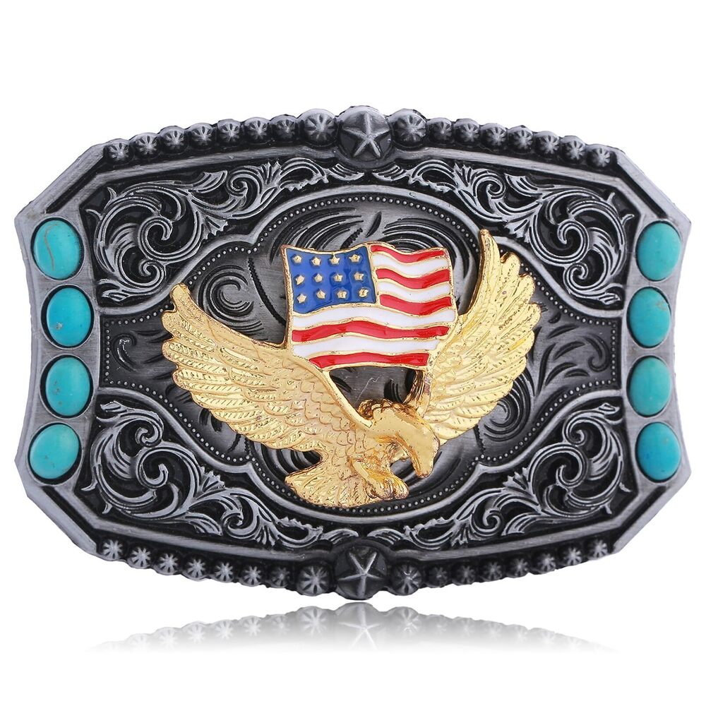 5963 Western Cowboy American Flag Belt Buckle Turquoise Eagle Cowgirl Belt